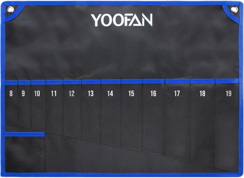 YOOFAN Wrench Roll Up Pouch – Wrench Organizer with 12+1 Pockets, Wrench Bag with Handle, Wrench Holder for Hanging, Blue – Metric - Image 1